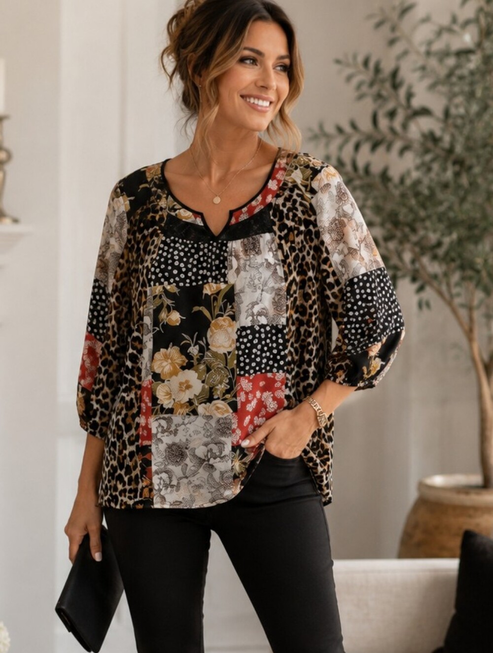 Figueroa and Flower Multicolor Patchwork Style Top